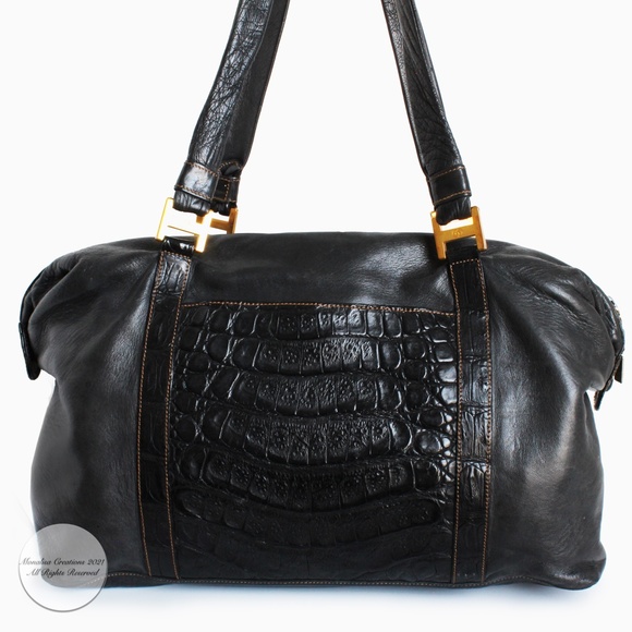 Gucci Duffle Bag Black Crocodile and Kid Leather Large Hobo Vintage 1984 + COA - Picture 5 of 17